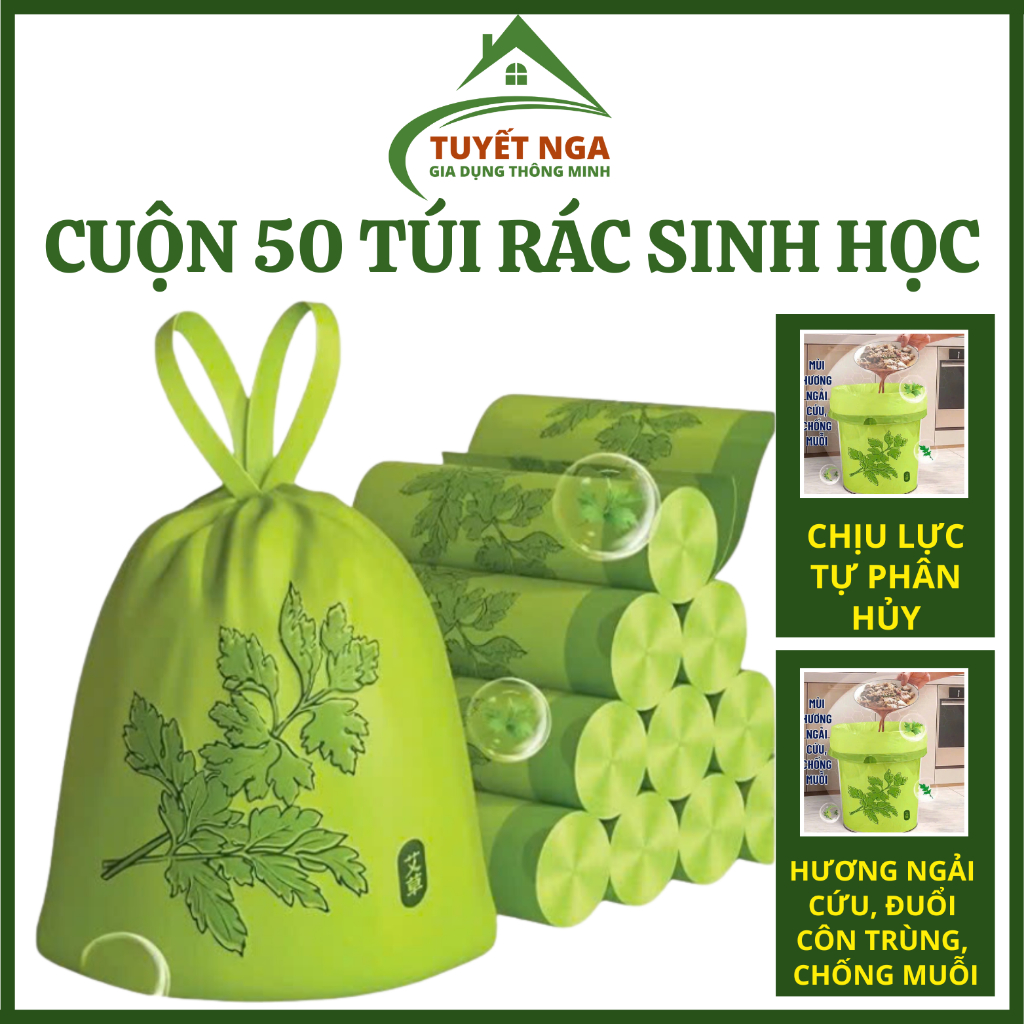 Cuộn Túi Rác Sinh Học Ngải Cứu, Cuộn 50 Túi Đựng Rác Đuổi Côn Trùng Túi Rác Có Dây Rút