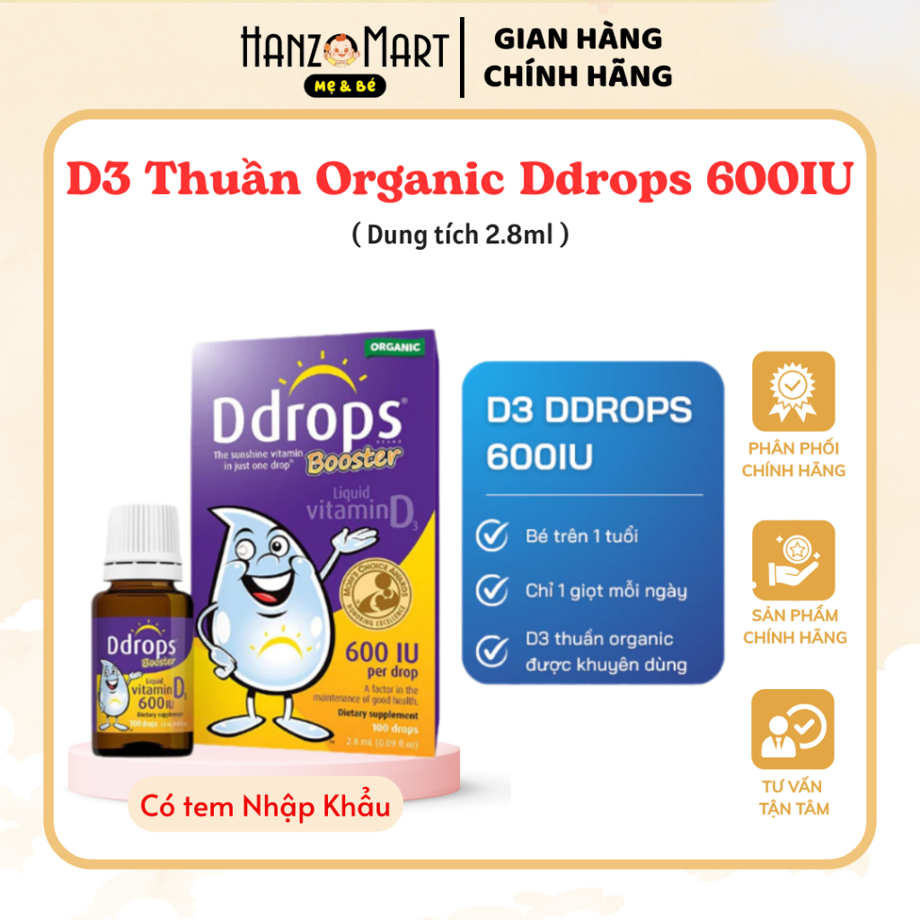 D3 Thuần Organic Ddrops 600IU chính hãng dạng lỏng nhỏ giọt cho bé >1y giúp bé cao lớn khỏe mạnh