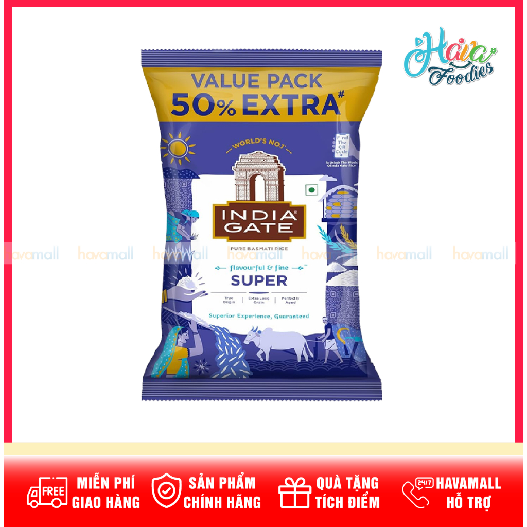Gạo Basmati Cao Cấp Nhập Khẩu Ấn Độ Gói 1kg – India Gate Pure Basmati Rice Super