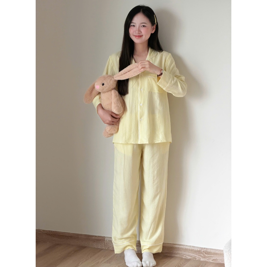 MB-SET-020 Bộ đồ ngủ kẻ nét đứt màu pastel viền né trắng Maybee Homedress | BigBuy360 - bigbuy360.vn