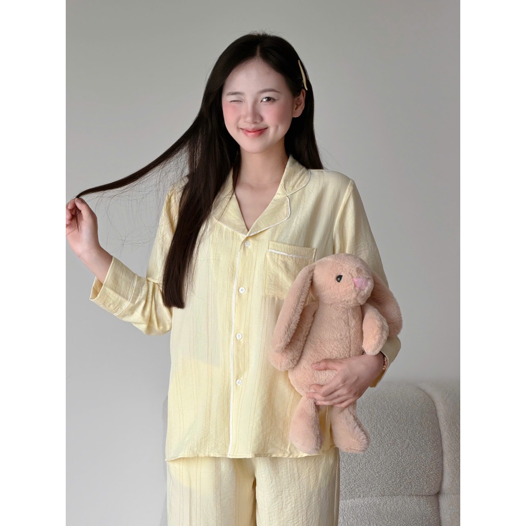 MB-SET-020 Bộ đồ ngủ kẻ nét đứt màu pastel viền né trắng Maybee Homedress | BigBuy360 - bigbuy360.vn