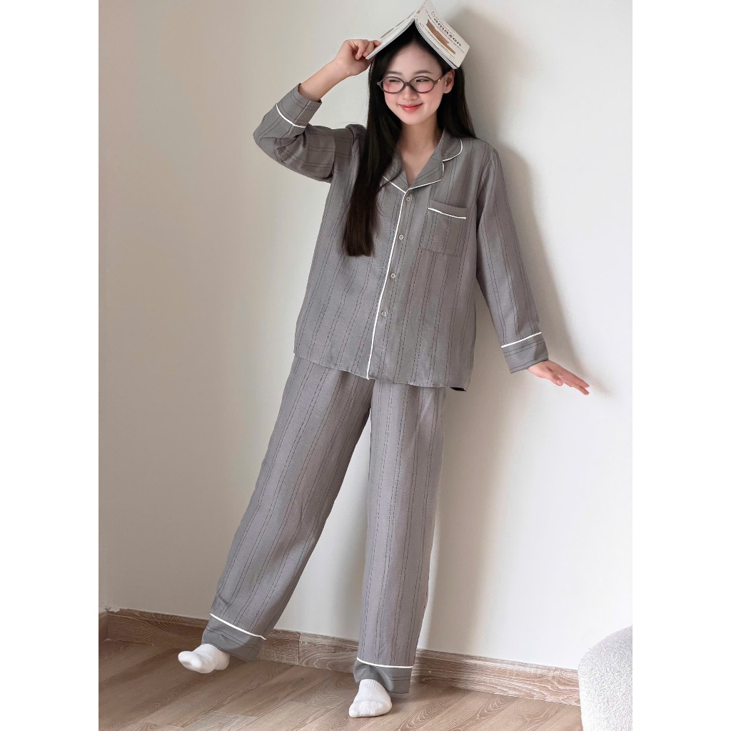 MB-SET-020 Bộ đồ ngủ kẻ nét đứt màu pastel viền né trắng Maybee Homedress | BigBuy360 - bigbuy360.vn