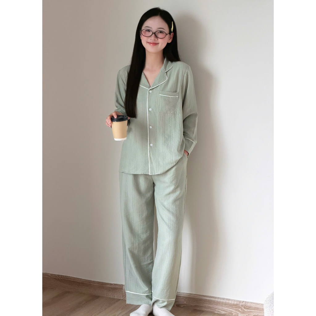 MB-SET-020 Bộ đồ ngủ kẻ nét đứt màu pastel viền né trắng Maybee Homedress | BigBuy360 - bigbuy360.vn