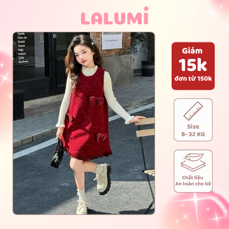 [NEW–MỞ BÁN] Váy dạ đỏ đính nơ nhung cao cấp cho bé gái – form suông, phối áo len cổ lọ, diện Noel-T