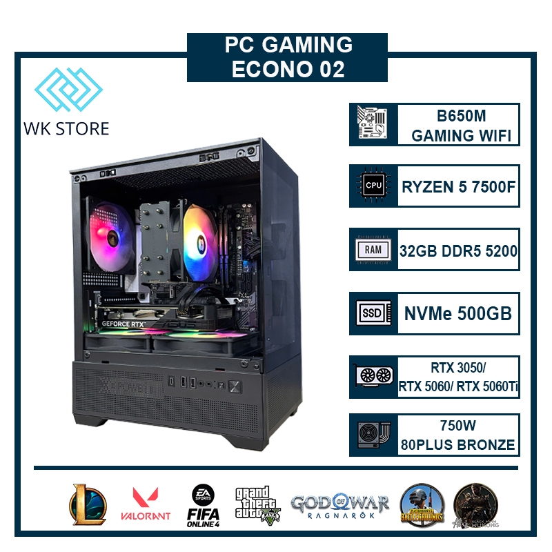 Thùng PC Econo 02 | Ryzen 5 7500f, 32GB DDR5, VGA RTX 3050/ 5060/ 5060 Ti, Mới BH 36T