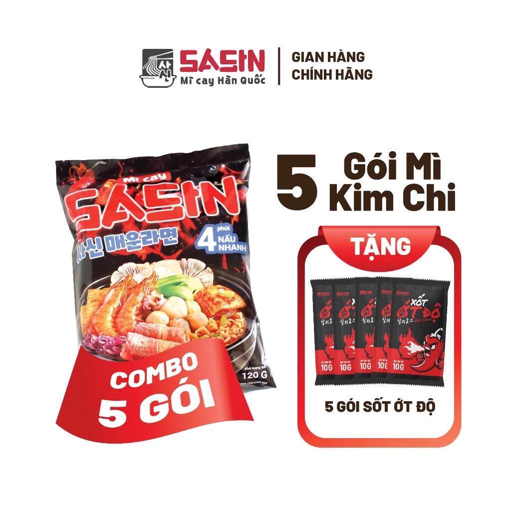 [ 5 GÓI ] MÌ CAY SASIN VỊ KIM CHI + 5 GÓI XỐT ỚT ĐỘ 10G