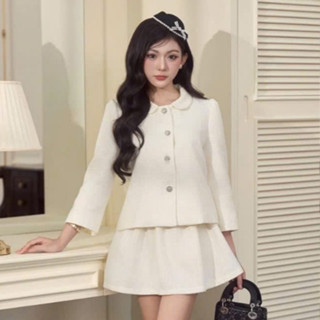  Set đồ nữ tiểu thư sang chảnh áo kiểu cổ sẻ dài tay cúc hoa phối chân váy xòe ngắn thiết kế thu đông thanh lịch LONA Ros 