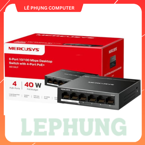Switch PoE+ Mercusys MS106LP | 6 Cổng RJ45 10/100 Mbps , 4 cổng PoE, vỏ kim loại,-bảo hành 2 năm