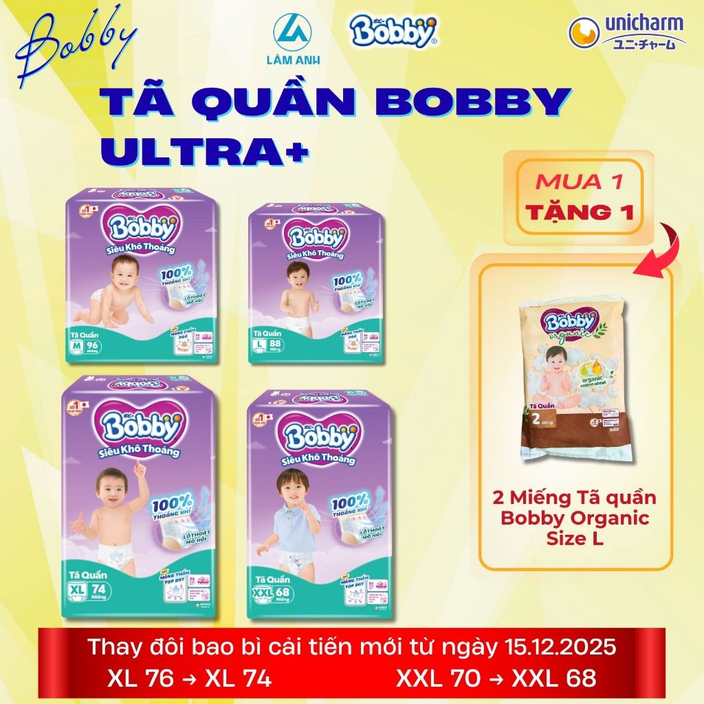 [Tặng Size L 2 miếng Bobby Organic] Tã quần Bobby Ultra+ size M/L/XL/XXL (mua 1 gói là có quà )