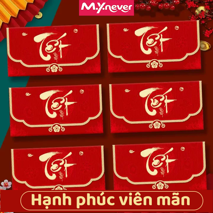 Bao lì xì Tết 2026, bộ 6 với các mệnh giá 10-30-50-100 đẹp, trang bìa ép kim loại vàng