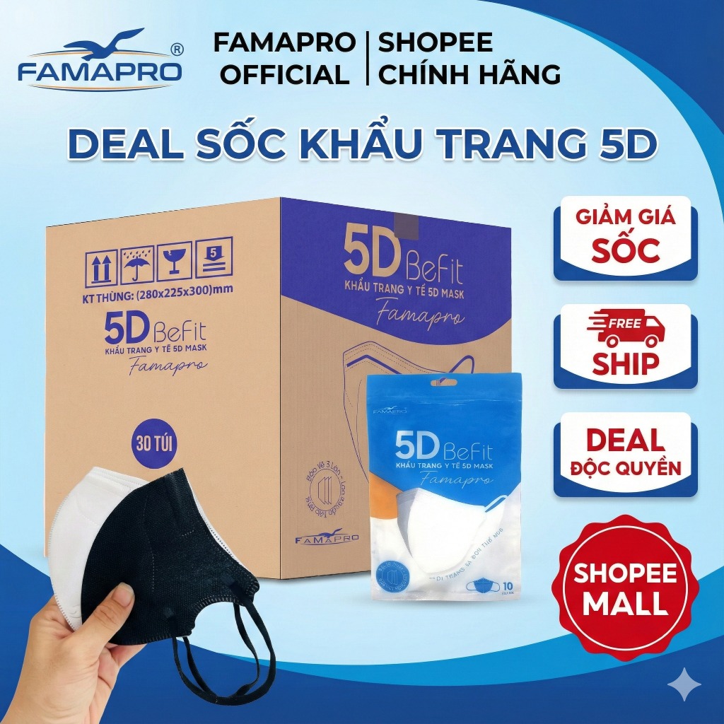Thùng 300 cái Khẩu trang 3 lớp 5D Befit FAMAPRO mặt nhỏ (40-50kg)