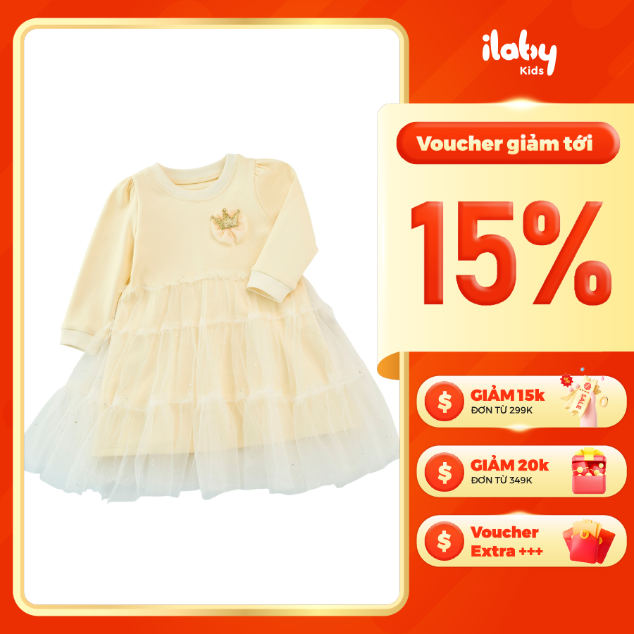 [ILABY HCM] Đầm dài tay bé gái dáng công chúa voan tầng đính vương miện xinh xắn [3338]