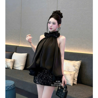  Set đồ nữ tiểu thư sang chảnh áo cổ yếm đính nơ kimsa bling bling form rộng phối chân váy A ngắn kimsa thiết kế LONA 