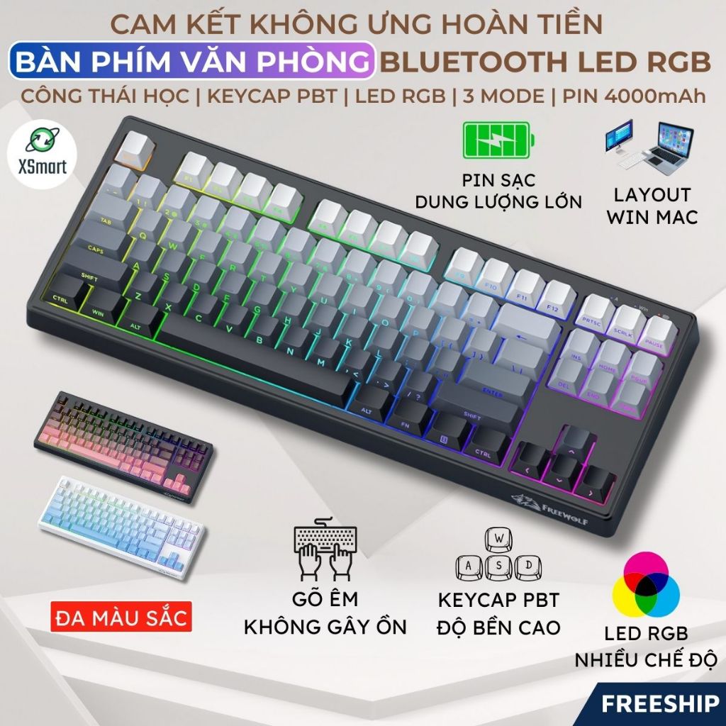 Bàn Phím Văn Phòng Không Dây FreeWolf M87 V2 Silent 3 Chế Độ, Pin 4000mAh, LED RGB, Keycap PBT Gõ Êm