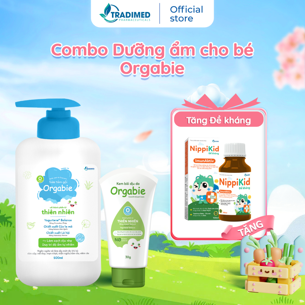Combo Chăm sóc da bé, Dưỡng ẩm dịu nhẹ - Sữa tắm Orgabie, Kem bôi dịu da Orgabie, Tradimed Pharma