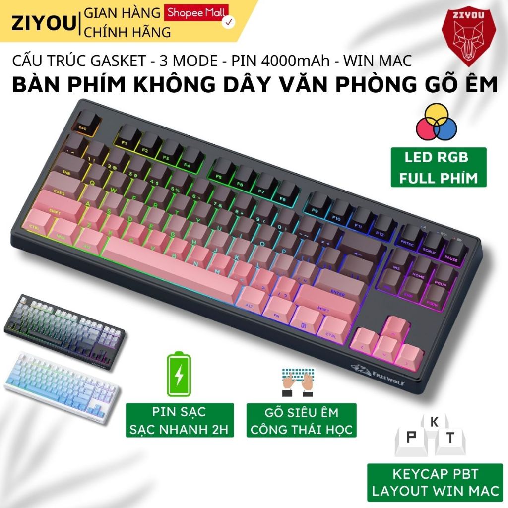Bàn Phím Không Dây Bluetooth Ziyou FreeWolf M87 V2 LED RGB Full Phím Gõ Êm, 3 Chế Độ Kết Nối Đa Năng