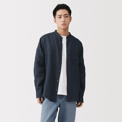 [26SS] MUJI Áo Sơ Mi Nam Vải Washed Linen Cổ Trụ Tay Dài