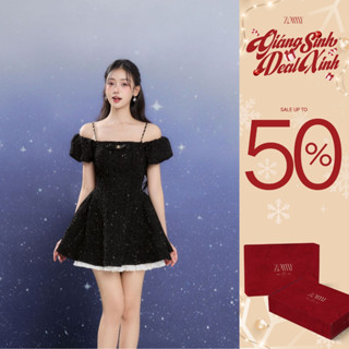  ZAMYSHOP - Váy thiết kế dạ bông dây xích vai đính nơ ngực cách điệu váy đi tiệc sang trọng tiểu thư 