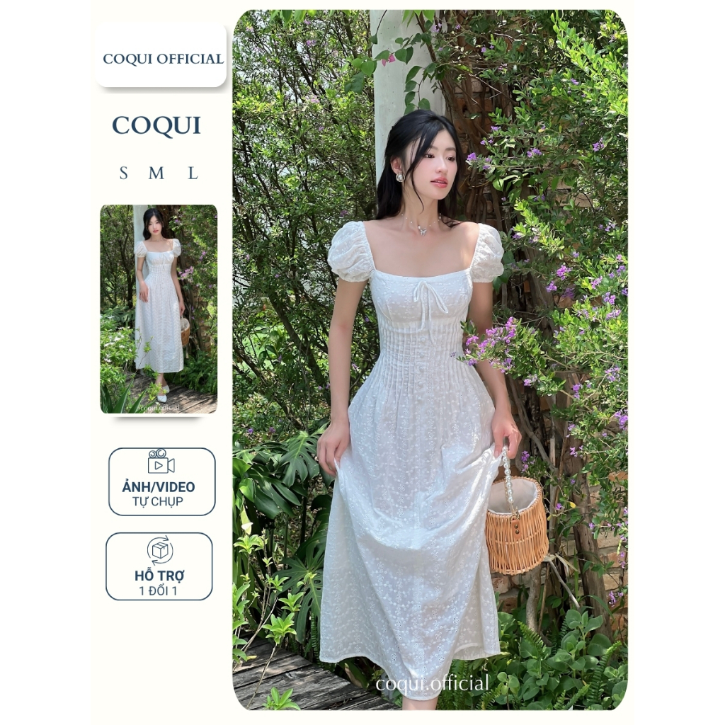 Đầm Váy dài maxi nhẹ nhàng xếp li tay phồng cổ U Vanessa Dress - COQUI, đầm tiểu thư vải thô thêu hoa tùng xòe nhẹ nhàng