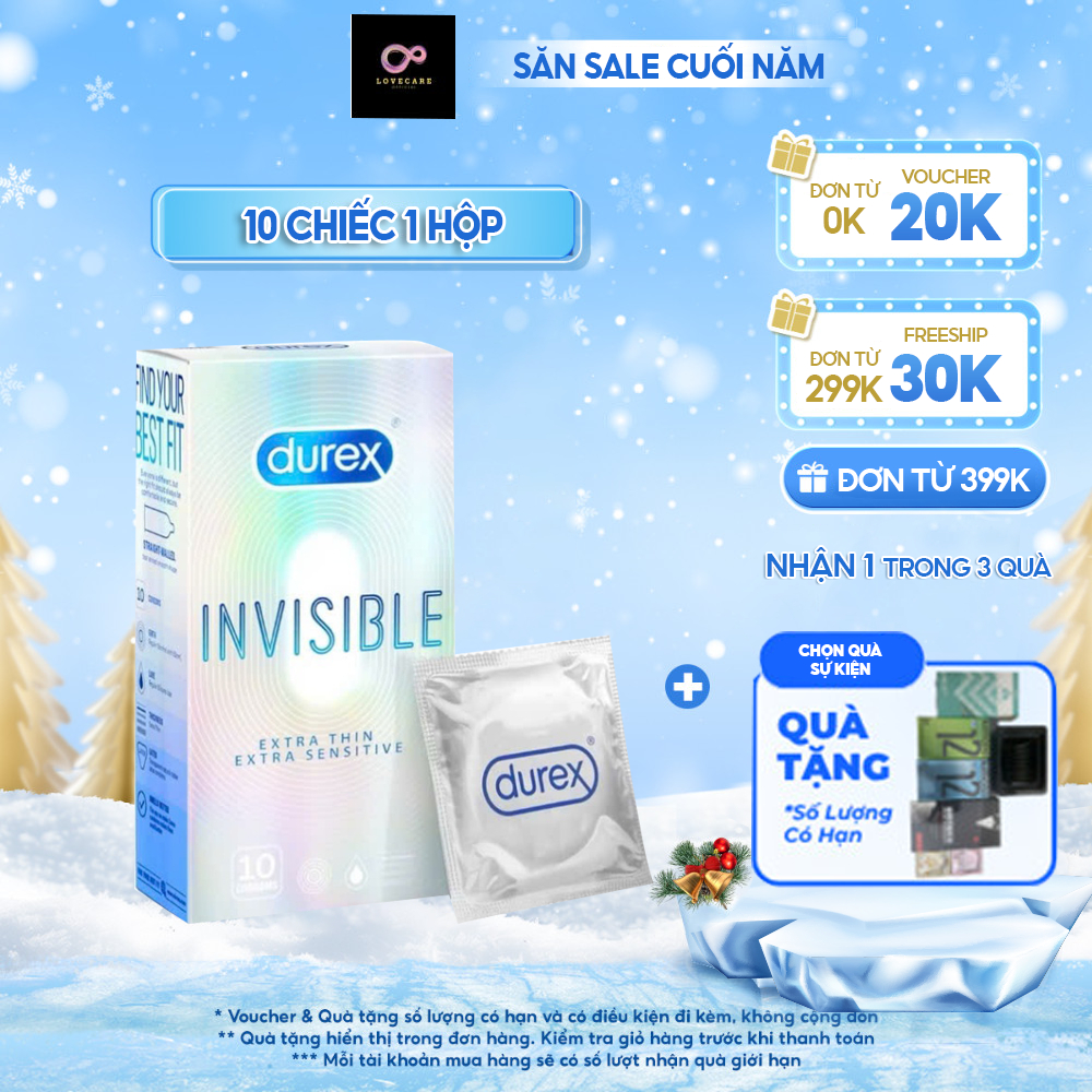 Bao cao su Durex Invisible siêu mỏng size 52mm, hộp 10 bao