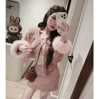  Set đồ nữ tiểu thư sang chảnh áo khoác dạ cổ tròn tay lông phối chân váy dáng A ngắn màu hồng dễ thương thiết kế LONA 