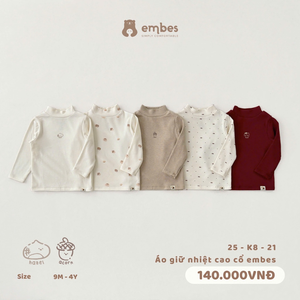Áo Giữ Nhiệt Cho Bé Embes, Áo Dài Tay Cao Cổ Chất Cotton Mềm Ấm Mặc Thu Đông Cho Bé Size Từ 8-18kg