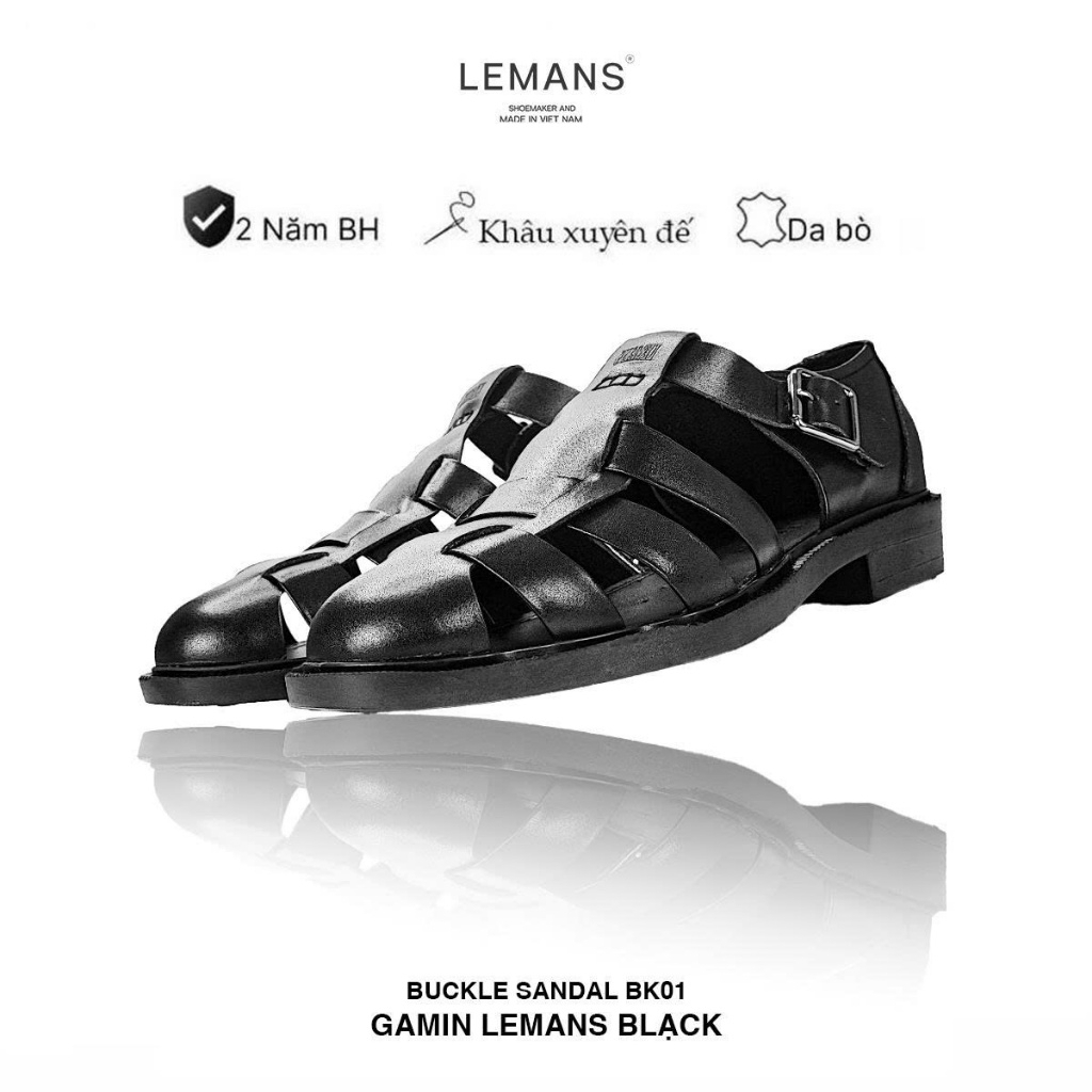 Dép rọ Da bò Lemans Buckle Sandal BK5.01 - Đen - đế Mckay cao 2.2cm bảo hành chính hãng 24 tháng