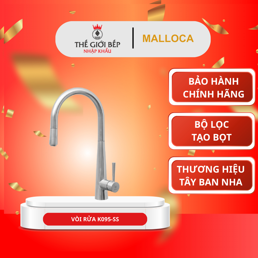 Vòi rửa bát Malloca K095-SS bảo hành 3 năm - Vòi rửa chén dây rút, Hai nguồn nóng, lạnh