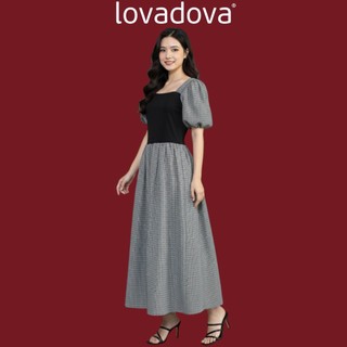 Đầm suông màu đen chấm bi xếp ly co giãn vải linen Lovadova HD0403