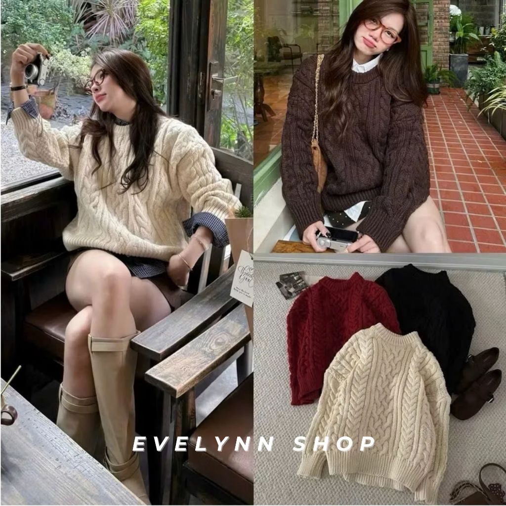 Áo Len Vặn Thừng Bánh Mì Cổ Tròn freesize, form rộng xinh – Evelynn Shop