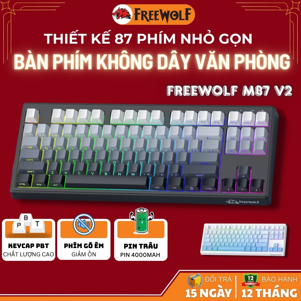Bàn Phím Văn Phòng FreeWolf M87 V2 - Layout 87 Phím, LED RGB, Pin 4000mAh, Keycap PBT Gõ Êm