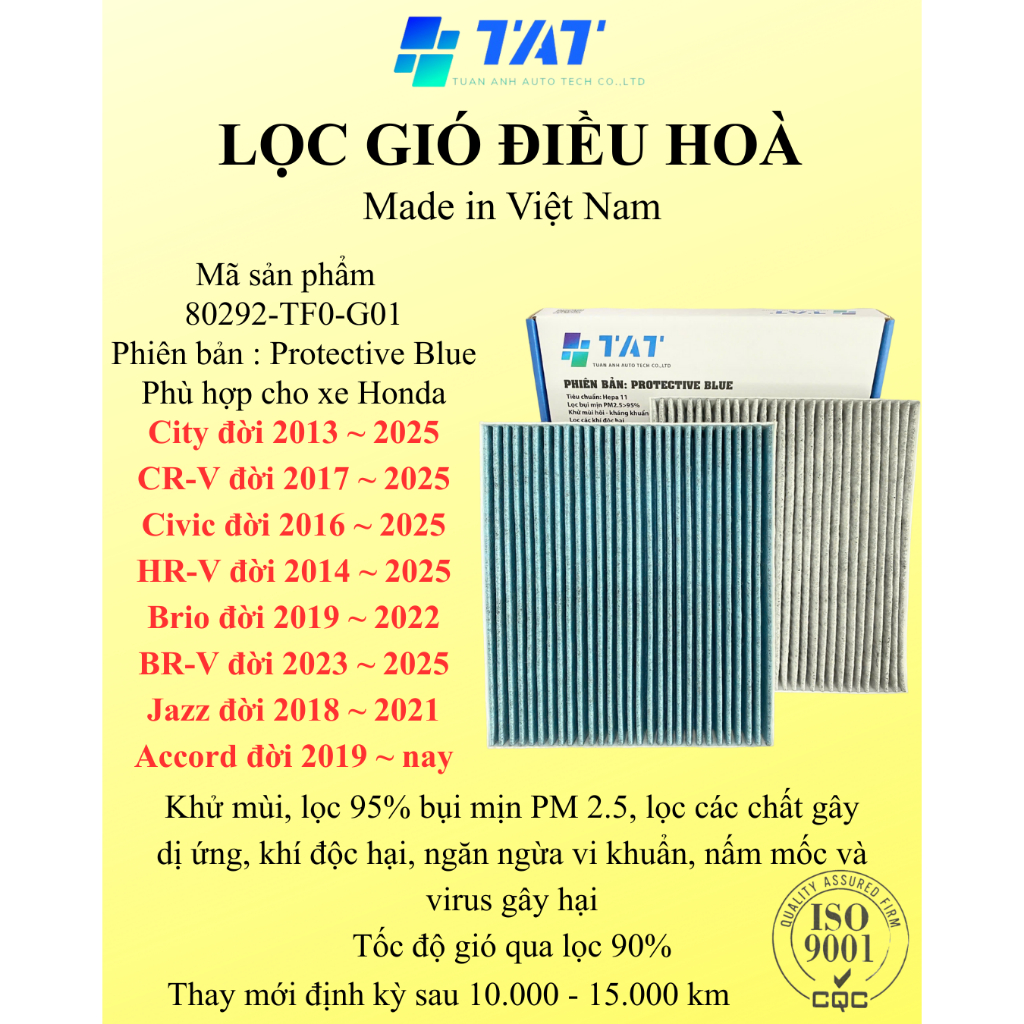 Lọc gió điều hòa Honda City, Civic, CRV, HRV, BRV,Brio,Jazz,Accord - Bản Protective Blue - Mã 80292-
