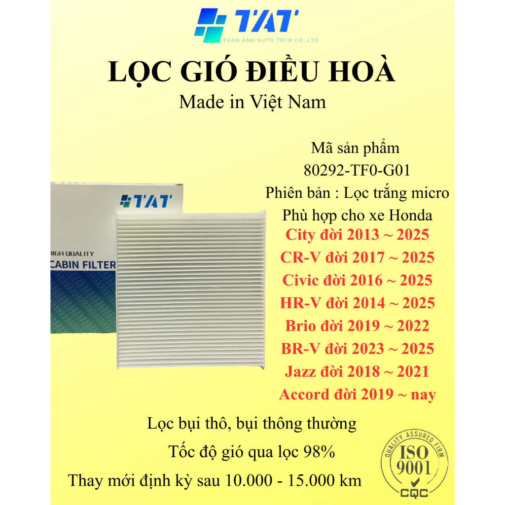 Lọc gió điều hòa Honda City, Civic, CRV, HRV, BRV, Brio, Jazz, Accord - Bản Tiêu Chuẩn - Mã 80292-TF