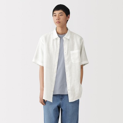 MUJI Áo Sơ Mi Nam Vải Washed Linen Tay Ngắn