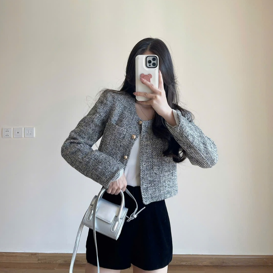 Áo Khoác Dạ Kẻ Croptop, Áo Khoác Dạ Hai Lớp Có Lót Trong Dày Dặn Form Tiểu Thư Miho House | BigBuy360 - bigbuy360.vn