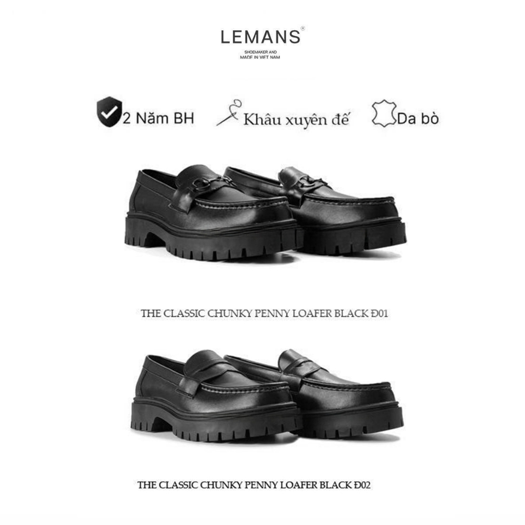 Giày Nam The Classic Chunky PENNY LOAFER Black LEMANS - đế cao 5cm Full cao su nguyên khối Da bò ngu