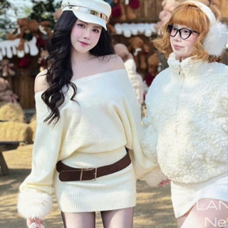    k kèm đai   Váy liền eo vải len lông thỏ  tay đính lông váy trễ vai áo liền váy 