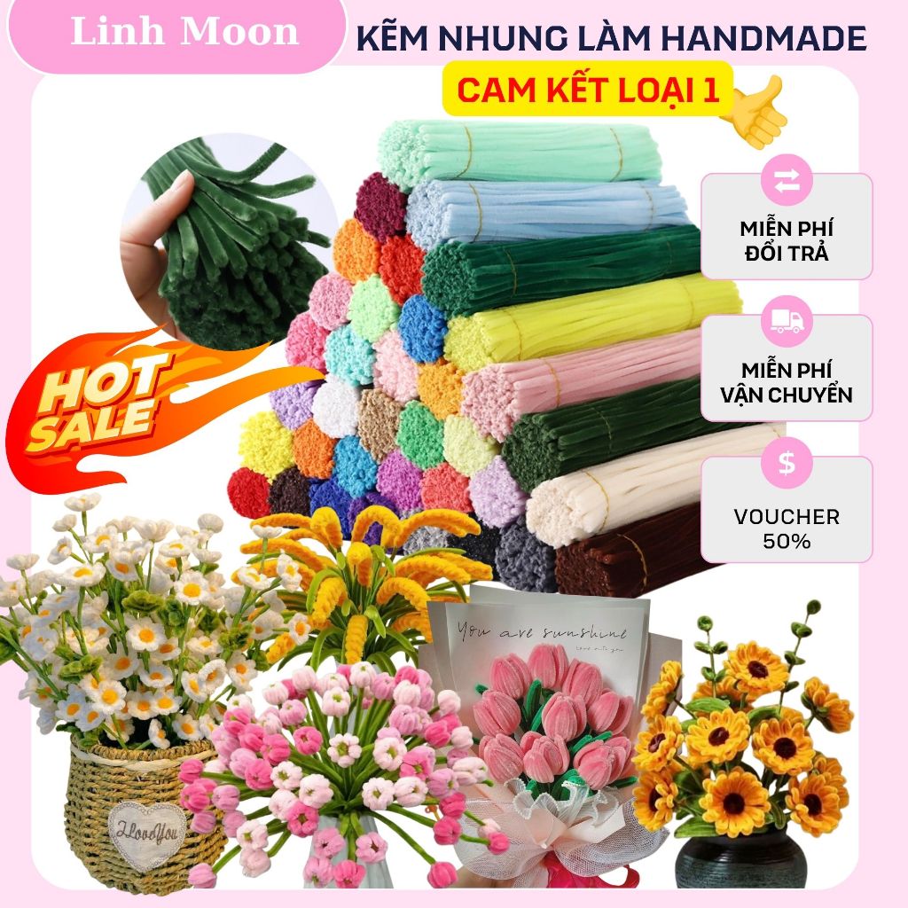 [HÀNG LOẠI 1]100 Sợi Kẽm Nhung Kẽm Lông Làm Hoa Mix Màu Pastel lông dày 6-8mm linh moon