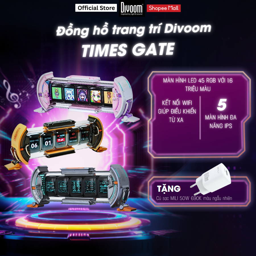 Đồng hồ kỹ thuật số Times Gate Divoom 5 màn hình LED IPS 45 RGB 1.6 triệu màu kết nối WIFI - BH 12 t