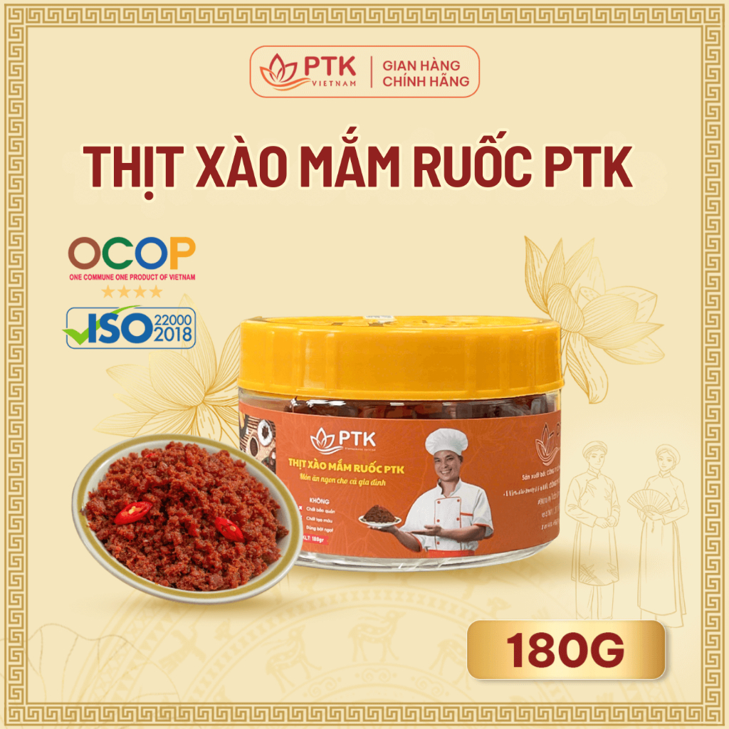 Thịt Xào Mắm Ruốc PTK hộp 180gr - Đặc Sản Việt Nam - Đạt chuẩn ISO - OCOP - Thịt Chưng Mắm Tép