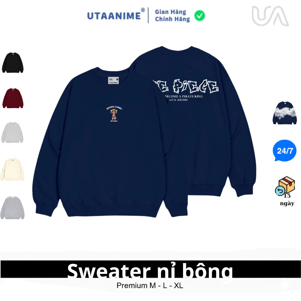 Áo sweater cổ tròn nỉ bông form rộng nam nữ unisex basic phong cách Cute UTA anime enies lobby