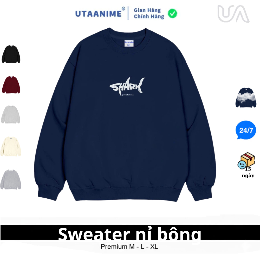 Áo sweater cổ tròn nỉ bông form rộng nam nữ basic phong cách Cute UTA anime shark jinbie