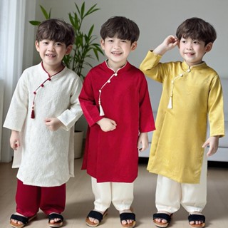  Áo dài Tết vân trúc đỏ vàng trắng cho bé trai lụa gấm đi chơi Lễ Du Xuân chụp ảnh Riokids AD49 
