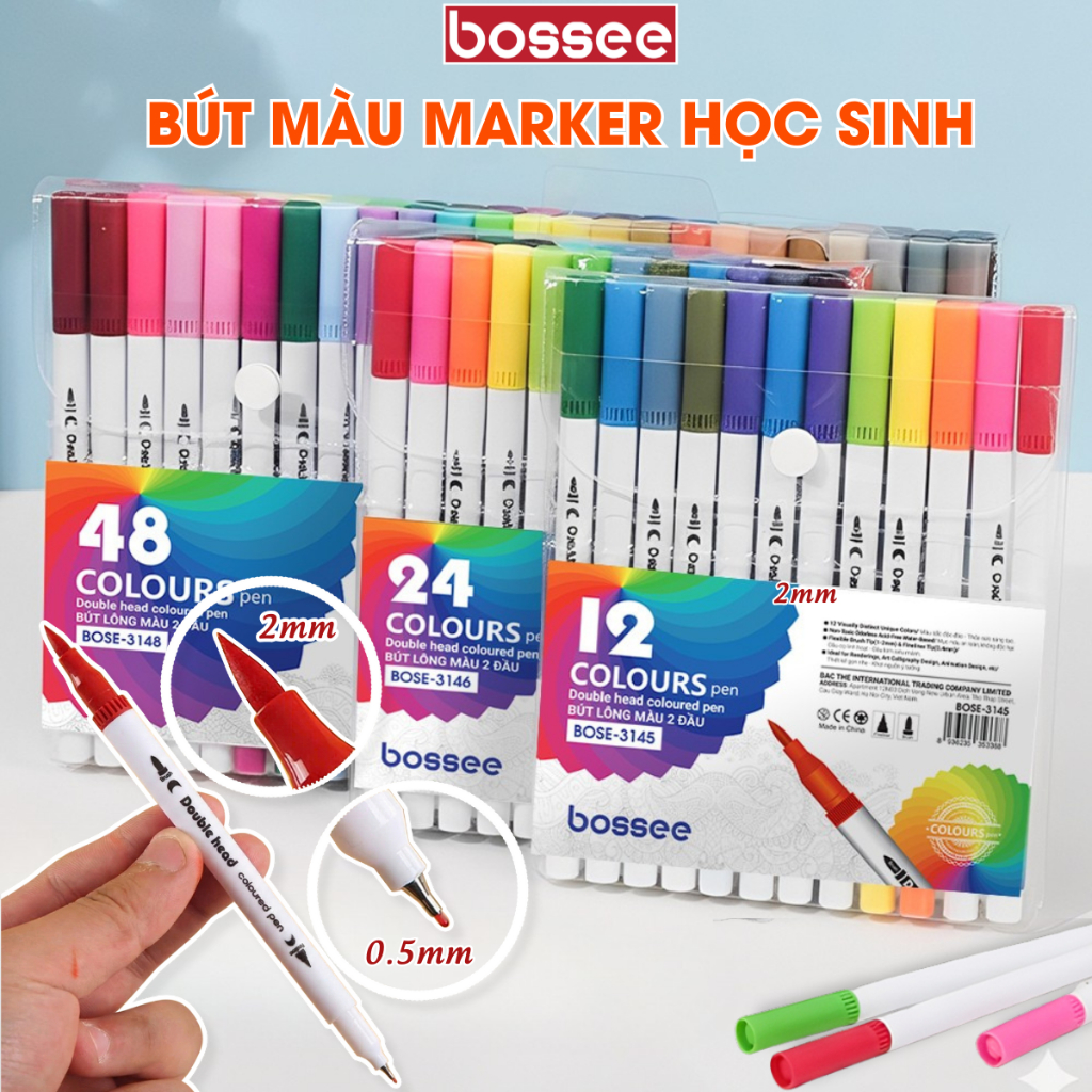 Bút Marker 2 Đầu Viết Calligraphy Học Sinh - Hộp 12/24/36/48/60 Bút Dạ Màu Bossee Tươi Sáng Nhanh Khô