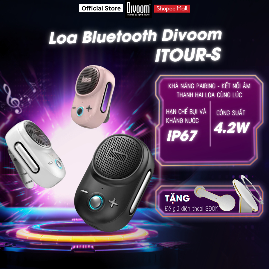 Loa bluetooth mini Divoom Itour-s, chống Nước IP67, kết nối 2 loa, chính hãng