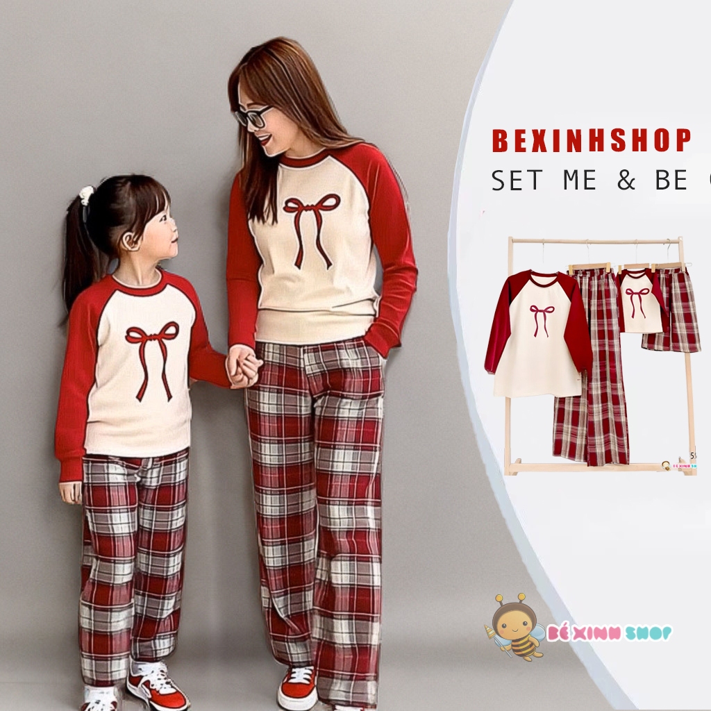   BexinhshopVN  Bộ áo dài tay Raplang Nơ quần Caro Ống Rộng dễ thương cho bé gái BXG1130 