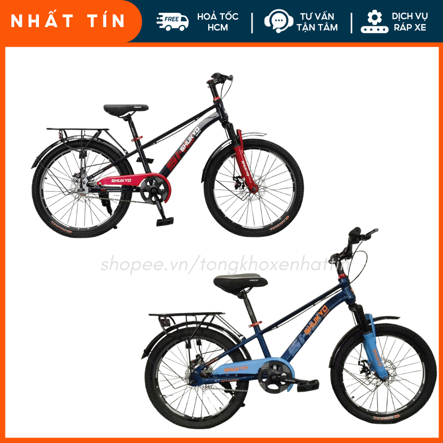 Xe Đạp Trẻ Em SHUKYO K35 – Size 18–26 Inch – Phuộc Nhún, Phanh Đĩa, Khung Thể Thao – Có Baga & Chắn 