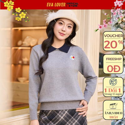 Áo Len Nữ Evalover Dáng Suông Phối Cổ Sơ Mi Thêu Hoa Mã 216 – Chất Len Ép Mềm Mịn