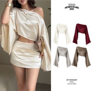   CÓ TÁCH SET  SET ÁO LỤA FORM CROP TRỄ VAI CROISSANT & CHÂN VÁY LỤA 2 LỚP CARAMEL FFCLUB 
