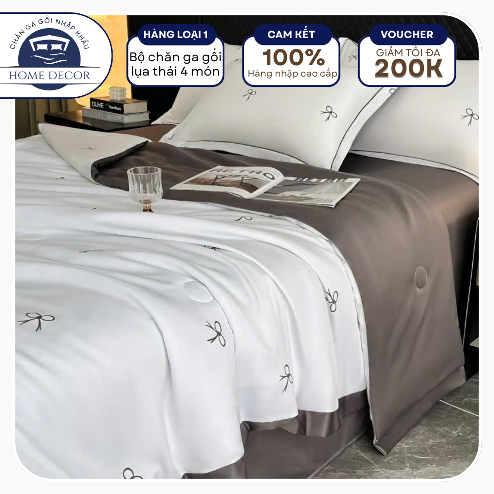 Bộ chăn ga gối lụa thái 4 món chăn chần bông, gạ giường và vỏ gối lụa thái cao cấp mềm mịn mát lạnh
